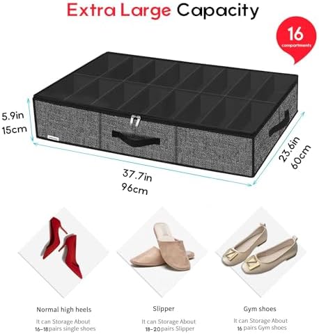 Onlyeasy Sturdy Under Bed Shoe Storage Organizer Fit 8 to 16 Pairs, Collapsible Closet Underbed Shoes Container Bags with Reinforced Handles, 37.7x23.6x5.9in, Linen-like Black, MXAUBS16P1 - Image 2