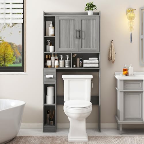 Vabches Farmhouse Over The Toilet Storage Cabinet with Barn Door, Wash Grey by Vabches