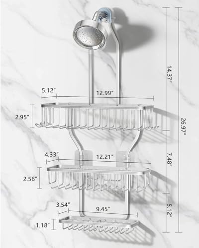 Shower Caddy Hanging - Never Rust Shower Hanging Organizer - Aluminum Over the ShowerHead Caddy with Soap Basket and 6 Hooks for Razor/Sponge (Shiny Silver) - Image 2