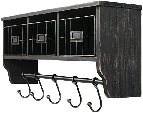 HBCY Creations Wall Mounted Shelf with Coat Hooks and Baskets, Solid Wood Entryway Organizer Wall Shelf with Hooks - Hang Coats, Keys or Coffee Mugs, Rustic Blackwash 24" Wide - Image 2