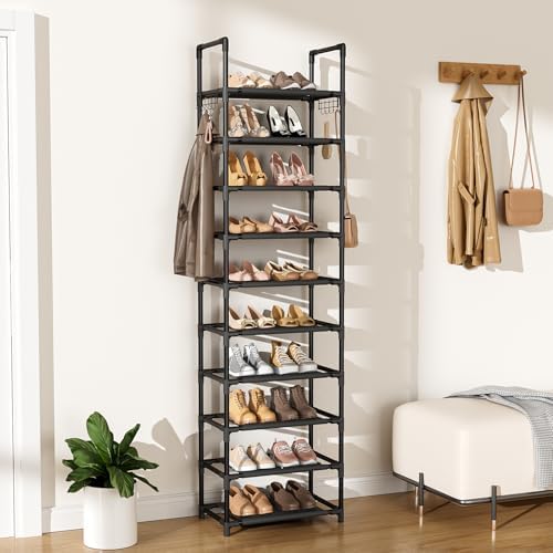 LANTEFUL 10 Tiers Shoe Rack 25 Pairs Large Capacity Tall Shoe Organizer Sturdy Shoe Storage with Two Hooks Space Saving Metal Narrow Shoe Rack for Closet, Entryway, Bedroom, Black - Image 7