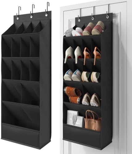 Mefirt Over the Door Shoe Rack for Closet Fit 18+ Pairs, Door Shoe Organizer with Large Breathable Pockets, Hanging Shoes Rack Fit Boots, Behind the Door Shoe Holder for Categorized Storage, Black by Mefirt