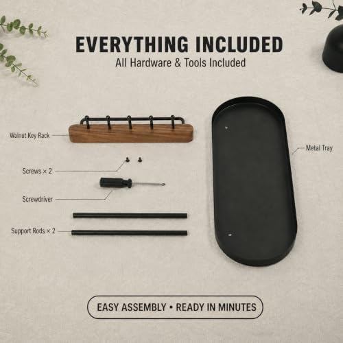 Shinpuru Key Holder Tray, Metal Stand, Walnut Wood Bar with 5 Hooks, Large - Image 5