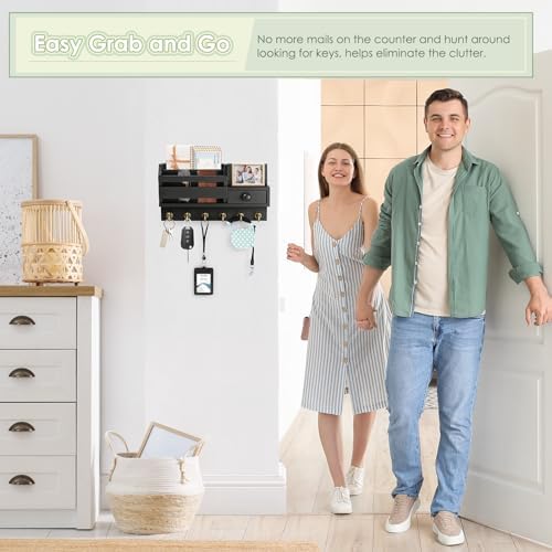 VIS'V Key Holder Wall Mount, Wooden Mail and Key Organizer, Black - Image 5