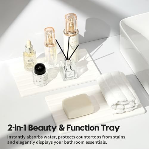 Razborci 2PCS Water Absorbing Stone Drying Tray Mat for Bathroom Sink & Kitchen Counter Organizer, Quick Dry Dish Soap Dispenser Sponge Holder, Vanity Sink Caddy, Drink Bar Coaster, White - 10"*6" - Image 6