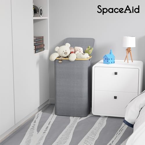 SpaceAid Laundry Hamper with Lid, 110L Large Tall Clothes Basket Bin with Bamboo Handles, Collapsible Laundry Hamper for Bedroom, Bathroom, Dorm, Laundry Room - Grey - Image 6