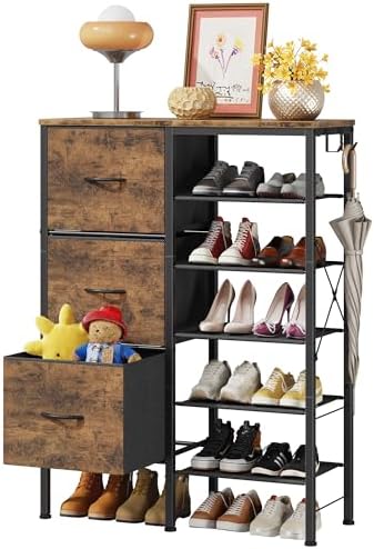 YAOHUOO Shoe Rack Organizer with 3 Fabric Drawers, 6 Tier Shoe Cabinet Storage, Multi-Use Metal Shelf for Entryway,Closet,Living Room by YAOHUOO