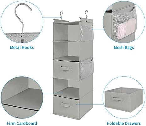 MAX Houser 5 Tier Shelf Hanging Closet Organizer, Cloth Hanging Shelf with 2 Sturdy Hooks for Storage, Foldable (Light Grey-D2) | Foldable Fabric Hanging Shelves for Closet, Cloth Hanging Shelves with 2 sturdy hanging hooks, Small Space Saver - Image 5
