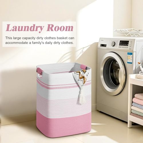 Laundry Hamper, 85L Tall Laundry Basket with Leather Handles, Rectangle Large Clothes Hamper for Organizing, Cotton Woven Laundry Baskets Storage Hampers for Bedroom, Nursery, Living Room - Image 2