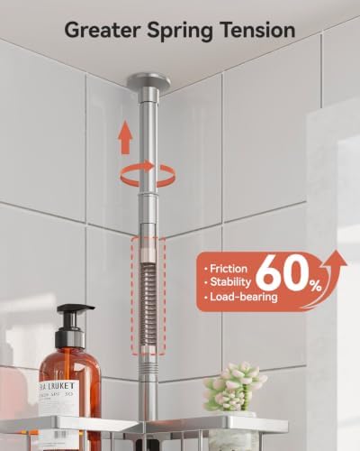 YASONIC Corner Shower Caddy Tension Pole, 25.7-109.1in Adjustable Shower Shelves, Rust-Resistant Shower Organizer, No-Drill 3-Step Installation, Bathroom Shelves for Renters & Family, Silver - Image 3