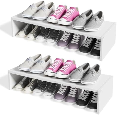 Cidaziya 2 Pack Expandable 1 Tier Shoe Rack for Shoe Cabinet, 1 Tier Stackable White Shoe Shelf Organizer for Closet, Sturdy Metal and Wood Structure, Hold 12-16 Pairs of Shoes by Cidaziya