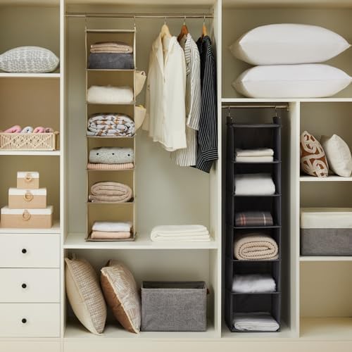 YOUDENOVA Hanging Closet Organizer and Storage, 6-Shelf, 2 Packs, Beige | Breathable Fabric, 2 Side Pockets, Clothes Organizer, Hanging Shelves, Closet Storage, College Dorm Room Essentials for Guys - Image 4