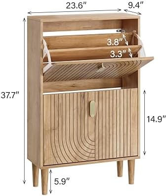 Smuxee Shoe Cabinet with 2 Flip Drawers, 23.6" Oak Hidden Shoe Storage Cabinet with Line Groove Design, Freestanding Shoe Organizer Cabinet for Entryway, Hallway, Living Room - Image 2