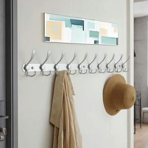 Dseap Coat Rack Wall Mount - 38” Long 10-Tri-Hooks Heavy Duty Coat Hanger Rail Wall Hooks for Hanging Coats Hats Clothing Clothes Purse Mudroom Entryway, Silver, Pack of 2 - Image 3
