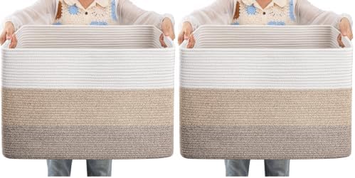 OIAHOMY 108L Large Cotton Rope Basket, Rectangle Woven Baskets for Storage, Nursery Blanket Storage Living Room, Toy Basket With Handle-25”x16”x16”-Gradient Yellow (Pack of 2) by MasterofSpaceOptimization
