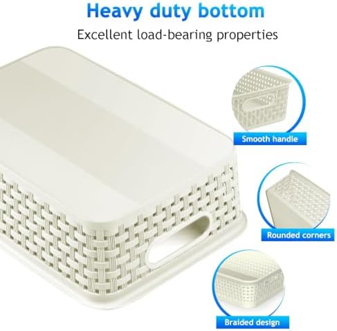 FUCDTEFC White Plastic Basket, 8 Pack Home Organization and Storage Baskets with Handles, Space Saving Woven Organizer Bins Plastic Storage Basket for Organizing Cabinets,Closets, Shelves, Countertops - Image 2
