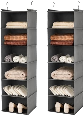 MAX Houser 6 Tier Shelf Hanging Closet Organizer,2 Pack, Grey | Dorm Room Essentials with 2 sturdy hooks, foldable lightweight fabric closet storage, space-saving design for Bedroom by MAXHouser