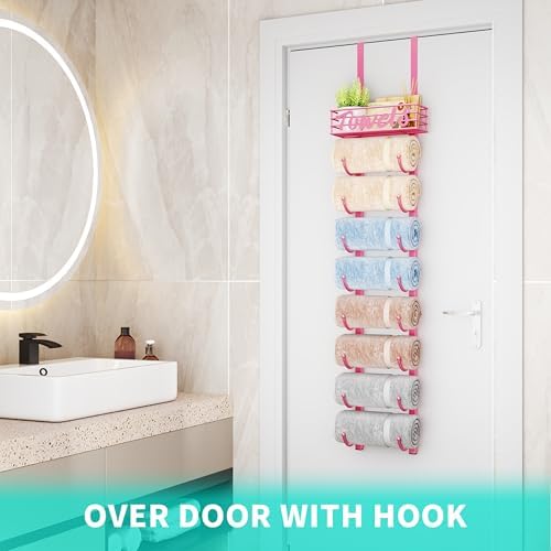 HapiRm Towel Racks for Bathroom Storage - 9 Tier Over The Door & Wall Mount Rolled Towel Storage Organizer Holder with Metal Shelf Basket for Small Bathroom, Camper, Rv - Pink, Patented - Image 4