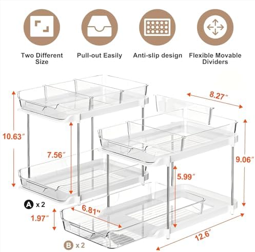 Delamu 2-Tier Multi-Purpose Bathroom Under Sink Organizers and Storage, Stackable Kitchen Pantry Organization, Pull Out Medicine Cabinet Organizer with Movable Dividers, White, 4Pack - Image 2