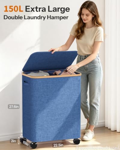 Double Laundry Basket with Wheels and Lid, 150L Clothes Hampers for Laundry - Image 2