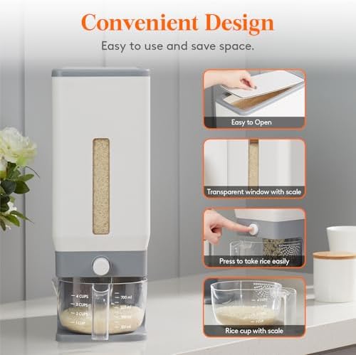 Lifewit Rice Dispenser 25 Lbs, Airtight Storage with Cup, 2 Pack Grey - Image 6