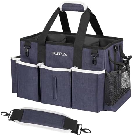 SCAVATA Wearable Caddy Bag, Cleaning Supplies Organizer With Handle & Shoulder Straps for Housekeepers, Under Sink & Car Tool Organizers With 4 Foldable Divider (NavyBlue) by Tidyyourlife