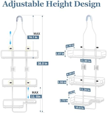 Skyapex Shower Caddy Hanging Bathroom Organizer: Over Head Adjustable Rack for Tall Showerhead - Extra Large Storage Shelf for Big Shampoo Bottles with Soap Holder (White) - Image 2
