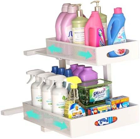Under Sink Organizer, Extra-Wide Upgrade, 1 Pack 2 Tier Metal Slide Out Cabinet Organizer, Height Adjustable Organization and Storage Series, Bathroom/Cabinet/Kitchen organization, White by Beleeb