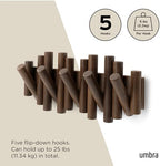 Umbra Picket Coat Rack, Wall Mount 5 Flip-Down Coat Hooks, Walnut - Image 5