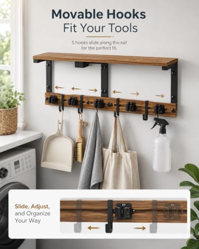 Broom and Mop Holder Wall Mount, 27" Large Organizer with Wood Shelf - Image 6