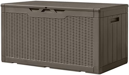 Greesum 100 Gallon Resin Deck Box Large Outdoor Storage, Imitation Rattan Weave Texture for Patio Furniture, Garden Tools, Pool Supplies, Weatherproof and UV Resistant, Lockable, Light Coffee by BuynowfromGreesum