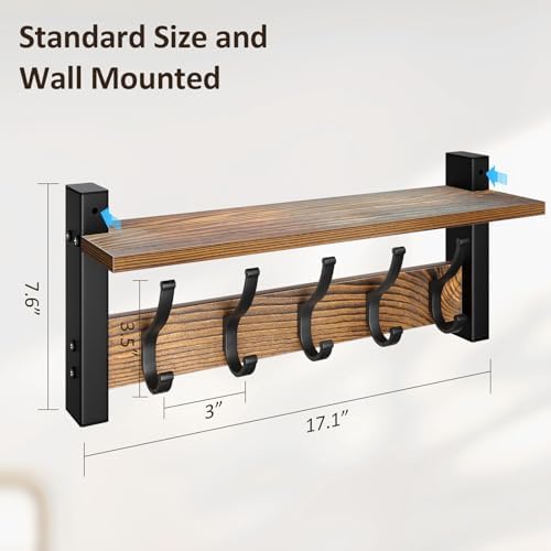 Optish Coat Rack Wall Mount with Shelf, 17.1 Inch Coat Hanger, Entryway Wall Key Holder, Hat Rack for Walls, Shelf with 5 Coat Hooks, Purse Hanger for Wall (Brown) - Image 7