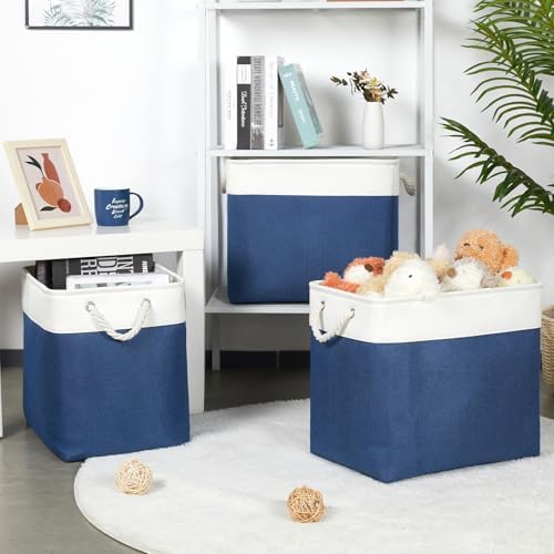 Bidtakay Extra Large Storage Baskets for Shelves 3 Pack Fabric Storage Bins for Organizing Linen Collapsible Organizer for Closet-White&Blue - Image 3
