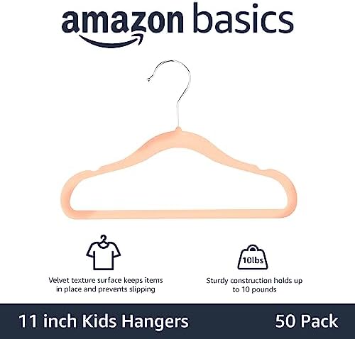 Amazon Basics Kids Space Saving Velvet Non-Slip Clothes Hangers with Shoulder Notches for Infant and Toddler, 11.6", Blush, 50-Pack - Image 2
