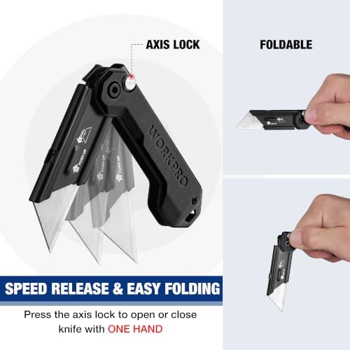 WORKPRO 2PCS EDC Folding Utility Knife, Mini Box Cutter with Quick Open Axis Lock, Quick Change Blade Razor Knife, Foldable Small Pocket Knife with Belt Clip, 2 Packs with 10 Extra Blades - Image 5