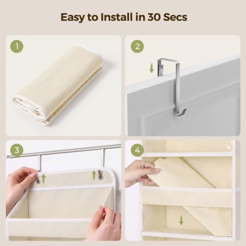 LAMU Over the Door Organizer, Large Capacity Behind the Door Storage with Clear PVC Windows, Heavy Duty Stuffed Animal Storage for Dorm Nursery Bedroom Closet Bathroom Pantry Shoes, 4 Tier Cream White - Image 7