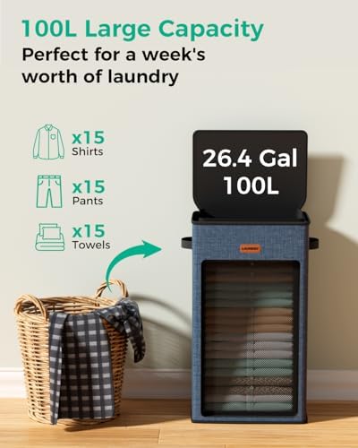 100L Laundry Hamper with Lid, Sturdy Clothes Hamper Heavy-Duty Laundry Basket Supports 30lb, Collapsible for Bathroom Bedroom Laundry Room Dorm - Image 3