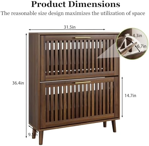 Shoe Cabinet, Shoe Storage Cabinet with Louvered 2 Flip Drawers, Narrow Shoe Cabinet Storage for Entryway, Freestanding Shoe Organizer Cabinet with Golden Handles, Slim Shoe Rack Cabinet (Walnut) - Image 2