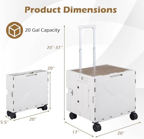 Goplus Foldable Utility Cart, Portable Rolling Crate Handcart with 4 Rotate Wheels, Telescoping Handle, Lid & Cup Holder for Travel, Shopping, Luggage, Grocery, Office & Teacher (White) - Image 5