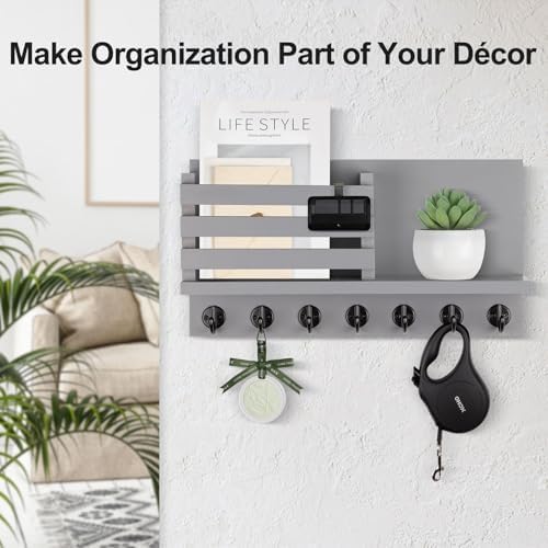 Lwenki Key Holder for Wall – Decorative Wooden Mail Holder and Key Shelf with Mounting Hardware, Installation Guide – Paulownia Wood with Metal Key Hooks (Gray, Extra Large - 15.6inch) - Image 3