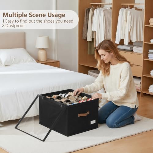 Shoe Organizer for Closet, 2 Pack Shoe Storage Bins Foldable Shoe Storage Box Containers with Clear Cover and Sturdy Handles, Shoe Rack for Closet Storage for Sneakers Heels Slippers, Fit 12-24 Pairs - Image 6
