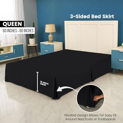Queen Bed Skirt, Hides Under-Bed Storage 16 Inch Drop, Pleated, Black - Image 2