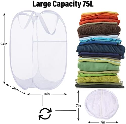 BATTOO Deluxe Strong Mesh Pop up Laundry Hamper Basket with Side Pocket for Laundry Room, Bathroom, Kids Room, College Dorm or Travel 2 Pack White - Image 3