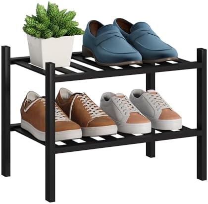 BMOSU 2-Tier Bamboo Small Shoe Rack Premium Stackable Shoe Shelf Storage Organizer for Hallway Closet Living Room Entryway Organizer (Black Bamboo) by BMOSU