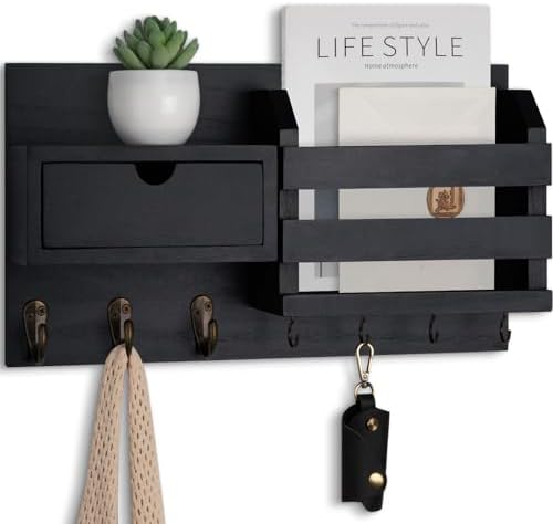 Lwenki Wall Mount Key Holder with Mail Organizer, 100% Paulownia Wood, 7 Metal Hooks, Storage Drawer, Entryway Home Decor (Black) by Lwenki
