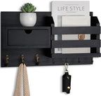 Lwenki Wall Mount Key Holder with Mail Organizer, 100% Paulownia Wood, 7 Metal Hooks, Storage Drawer, Entryway Home Decor (Black) by Lwenki
