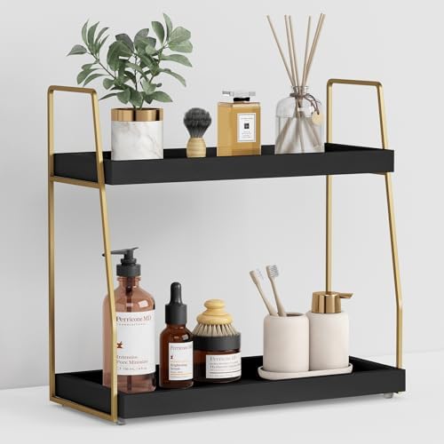 Forbena Black and Gold Bathroom Organizer Countertop, 2 Tier Counter Organizer for Bathroom Decor, Modern Sink Shelf Organizers for Vanity Storage, Make upTray for Makeup Bedroom by Forbena