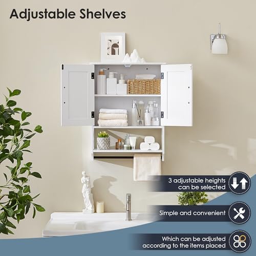 Bathroom Wall Cabinet, 25"x19" Farmhouse Wall Mounted Medicine Cabinet with 2 Raised Panel Doors, Adjustable Shelf & Towel Bar–Over Toilet Storage Organizer for Laundry Room, Entryway or Small Spaces - Image 7