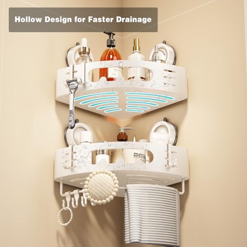 Voldra Corner Shower Caddy Suction Cup, Aluminum Corner Shower Shelves for Wall No Drilling, Large Suction Cup Shower Organizer with Towel Bar & Hooks Removable Bathroom Storage (1 Pack-Cream White) - Image 3