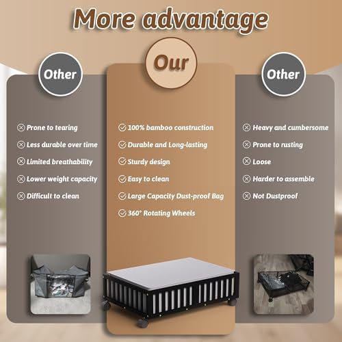 MHXW SXPN 2 Pack Bamboo Under Bed Storage Containers with Wheels, Black | Underbed Drawer Storage with Bag, Wood Rolling Underbed Organizer for Shoes, Sheets Clothes Blanket Comforter, Under Crib Toy - Image 4